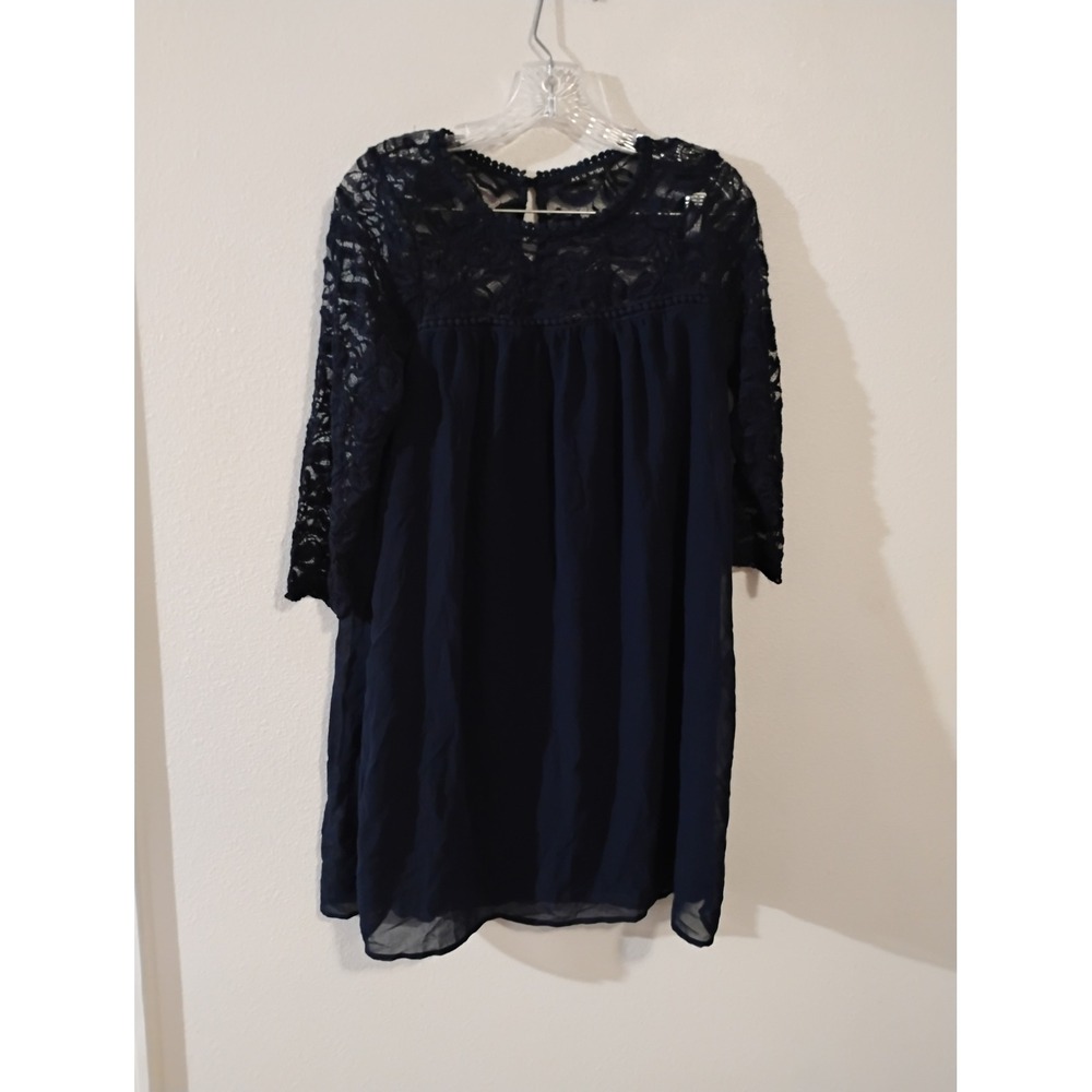 As U Wish Navy Blue Lace Chiffon Mini Dress 3/4 Sleeve Party Cocktail Medium